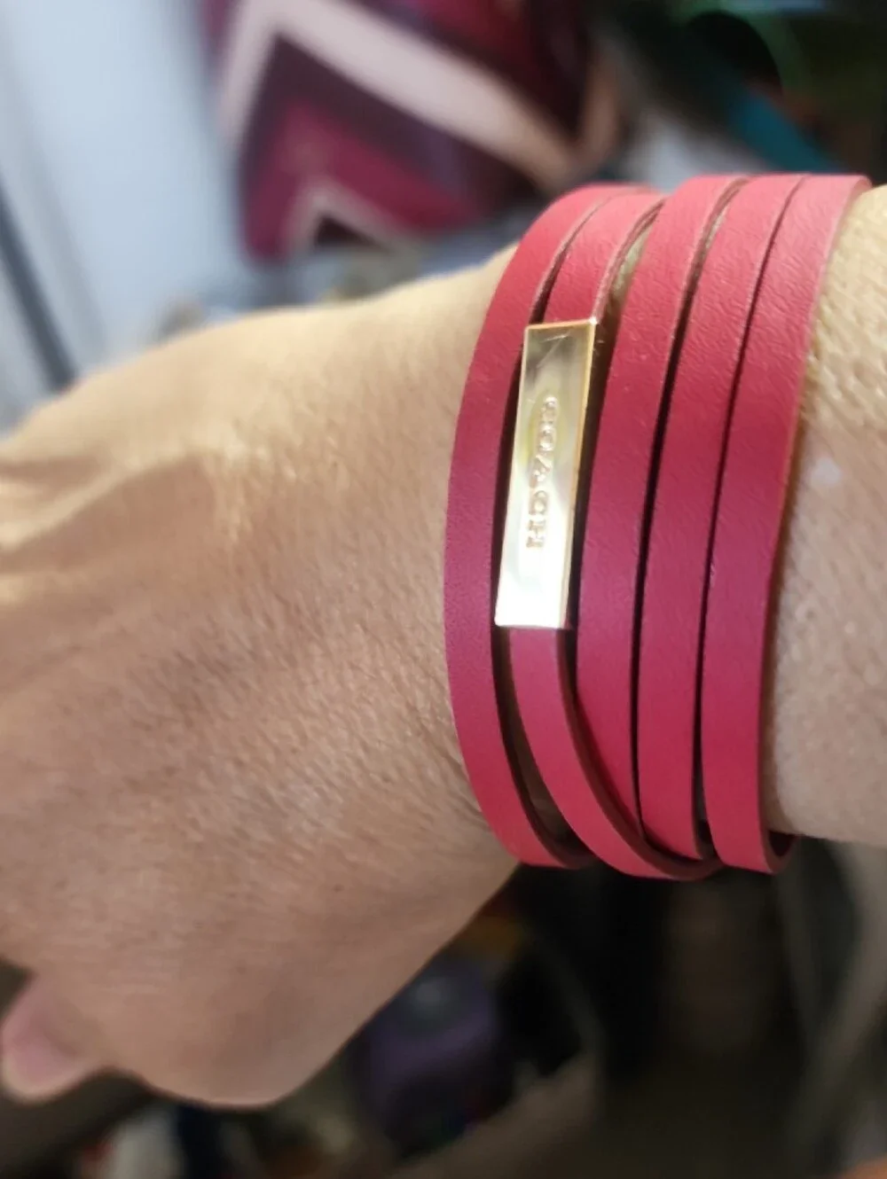 Coach Red Multi-Strap Leather Bracelet with Gold Hardware Euc